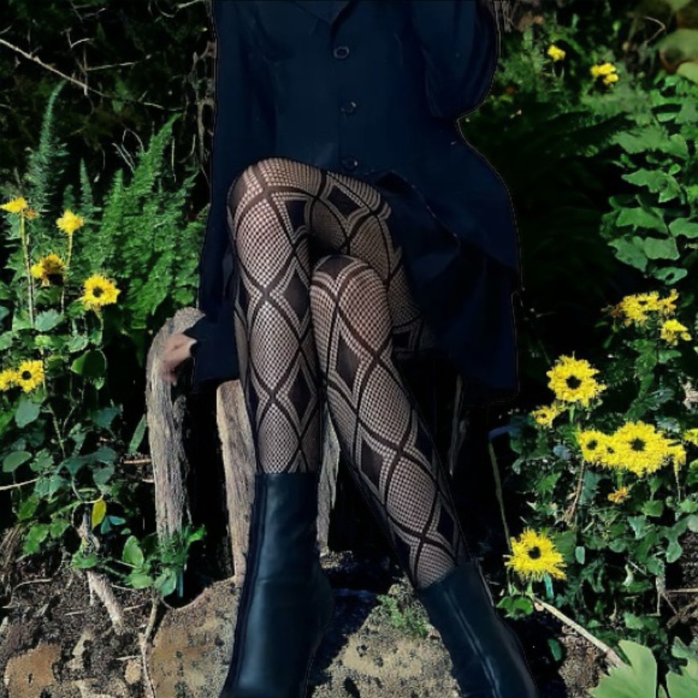 Argyle Jacquard Hollow Out Tights High Waist Comfy Pantyhose Black One Size